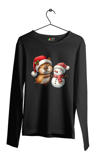 Men's longsleeve with prints Capybara and Snowman. Animal, capybara, christmas, christmas capybara, gift, holiday, new year, new year`s gift, santa, snowman. 2070702