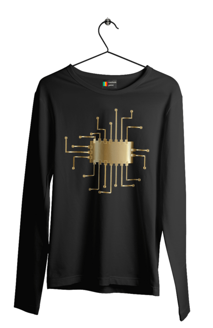 Чоловічий лонгслів з принтом "Золотий Чіп". Айті, айтішник, гик, золотий, золото, інженер, кібернетика, код, комп, комп’ютерник, кристал, мікросхема, програміст, професія, розробник, чіп. 2070702