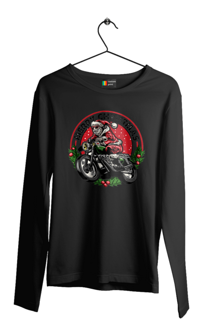 Чоловічий лонгслів з принтом "Щасливого Різдва, дід мороз на мотоциклі". 2022, дід мороз, зима, мотоцикл, новий рік, подарунки, різдво, санта, сніг. 2070702