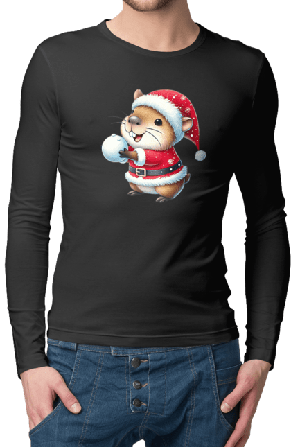 Men's longsleeve with prints Capybara playing snowballs. Animal, capybara, christmas, christmas capybara, game, gift, holiday, new year, santa, snowballs. 2070702