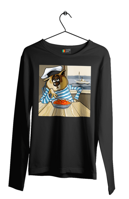 Чоловічий лонгслів з принтом "Кот Моряк, На Кораблі Їсть Червону Ікру". Ікра, кіт, корабель, моряк. 2070702