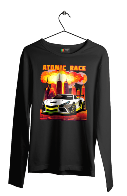 Чоловічий лонгслів з принтом "Атомна гонка". Авто, автомобіль, атомні перегони, гонки, гоночні машини, спортивна машина, спорткар. 2070702
