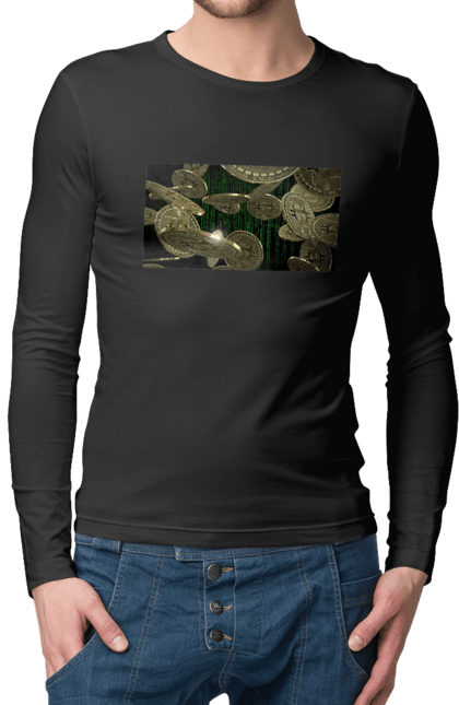 Чоловічий лонгслів з принтом "Біткойн". Багатство, біткойн, валюта, гроші, криптовалюта, курс, майнінг, матриця, монета, розкіш, цифровий світ. 2070702