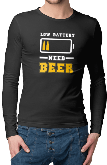 Чоловічий лонгслів з принтом "Low battery need beer". Алкоголь, брутальні, літні, пиво, прикольні принти, чоловічі. 2070702