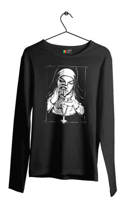 Чоловічий лонгслів з принтом "Монашка нюхає порошок". Крута, метал, модна, молодіжна, популярна, рок, хрест, черниця, черниця нюхає порошок. 2070702