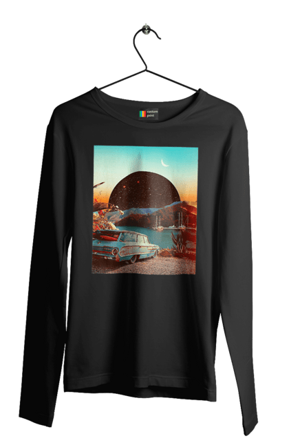 Чоловічий лонгслів з принтом "Картина, машина біля річки". Картина, машина, планета, прикол, ретро, річка. 2070702