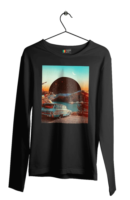 Чоловічий лонгслів з принтом "Картина, машина біля річки". Картина, машина, планета, прикол, ретро, річка. 2070702
