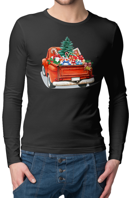 Чоловічий лонгслів з принтом "Авто з подарунками". Автомобіль, новий рік, подарунки, різдво, санта, ялинка. 2070702
