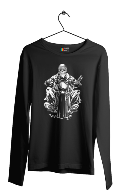 Чоловічий лонгслів з принтом "Череп на мотоциклі". Байкер, мотоцикл, скелет, череп. 2070702