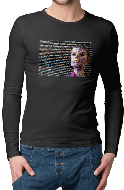 Чоловічий лонгслів з принтом "Штучний Розум". Айті, айтішник, гик, жінка, знання, інженер, інтелект, кібер, кібернетика, кіборг, код, комп, комп`ютерник, кристал, машинне навчання, мікросхема, мозок, портрет, програміст, професіонал, професія, розробник, розум, світиться, світло, хакер, чіп, штучний інтелект, штучний розум. 2070702