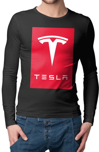 Чоловічій лонгслів з принтом "Tesla". Авто, бренд, ілон маск, логотип, тесла. CustomPrint.market