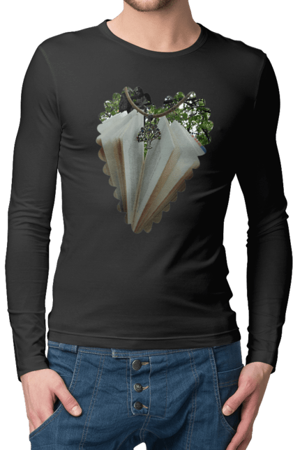 Чоловічий лонгслів з принтом "Книжкова валентинка". Дерево, книги, книжки, любов, прикраса, природа, серце, форма серця, читання. 2070702