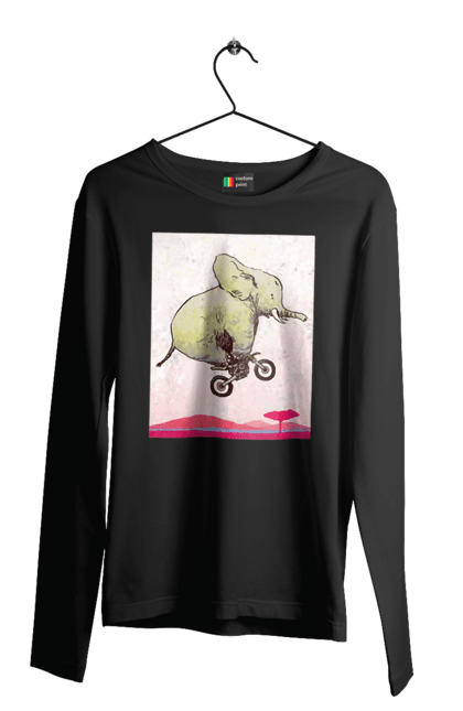 Чоловічий лонгслів з принтом "Слон На Мотоциклі". Мотоцикл, політ, слон. 2070702
