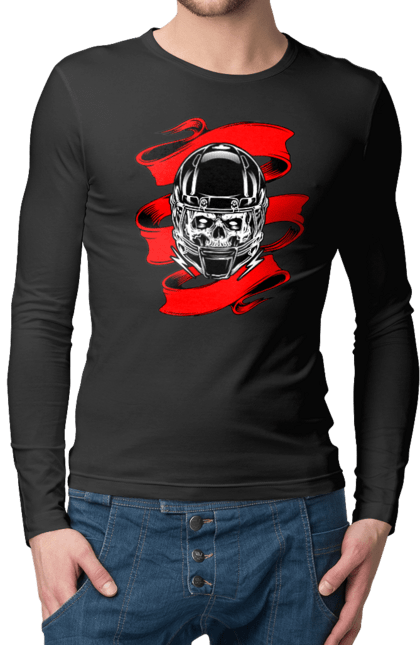 Чоловічий лонгслів з принтом "Череп в мотошоломі". Мото, стрічка, череп, шолом. 2070702