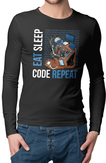 Чоловічий лонгслів з принтом "Їж Cпи Кодуй Повторюй". Айті, айтішник, для айтішника, для програміста, їж спи, кодуй повторюй, подарунок айтішнику, подарунок програмісту, програміст, розробник. 2070702