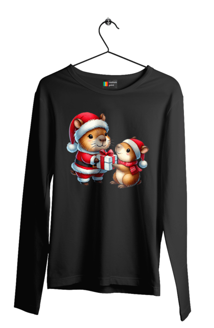 Men's longsleeve with prints Christmas Capybara with a Gift. Animal, capybara, christmas, christmas capybara, gift, holiday, new year, new year`s gift, santa. 2070702