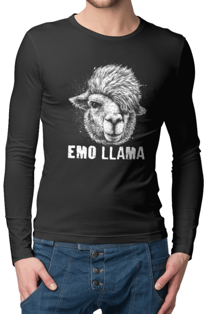 Чоловічій лонгслів з принтом "Емо Лама". Alpaca, animals, distressed, emo, funny, llama, vintage, емо, лама. 2070702