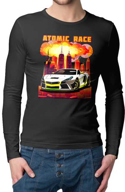 Чоловічий лонгслів з принтом "Атомна гонка". Авто, автомобіль, атомні перегони, гонки, гоночні машини, спортивна машина, спорткар. 2070702