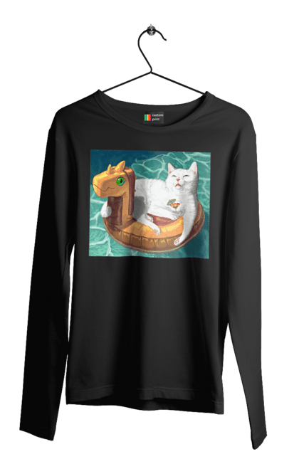 Чоловічий лонгслів з принтом "Білий кіт у плавальному колі, на відпочинку". Басейн, відпочинок, кіт, коктейль, море, плавальний круг. 2070702