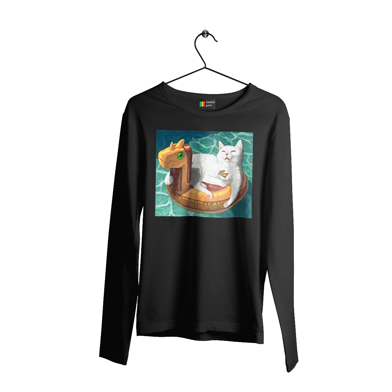 White cat in a swimming circle on vacation