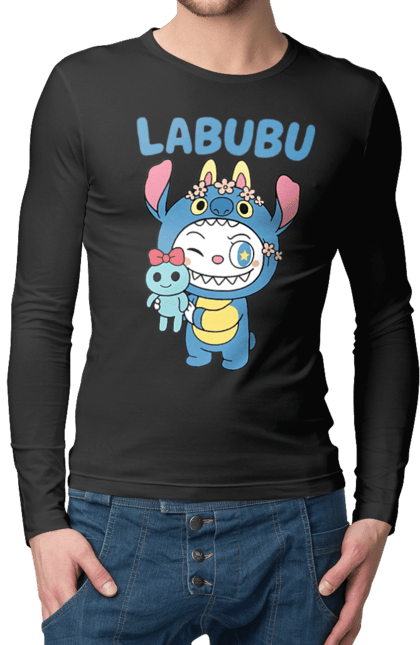 Чоловічий лонгслів з принтом "Лабубу". Іграшка лабубу, лабубу, лабубу кока кола, мерч лабубу, мила, синя лабаба, смішна лабубу. 2070702