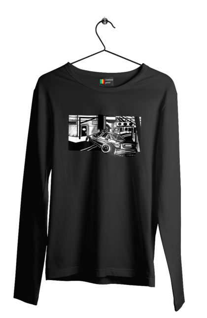 Чоловічий лонгслів з принтом "Небезпечний Автомобіль на дорогах вулиць". Автомобіль, гонки, машина, небезпечний, чорно білий, швидкий. 2070702