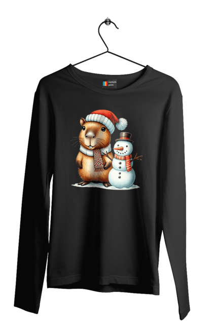 Men's longsleeve with prints Capybara and Snowman. Animal, capybara, christmas, christmas capybara, gift, holiday, new year, new year`s gift, santa, snowman. 2070702