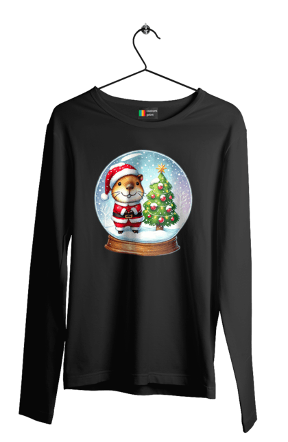 Men's longsleeve with prints Christmas Capybara with a Tree. Animal, capybara, christmas, christmas capybara, christmas tree, gift, holiday, new year, new year`s gift, santa. 2070702