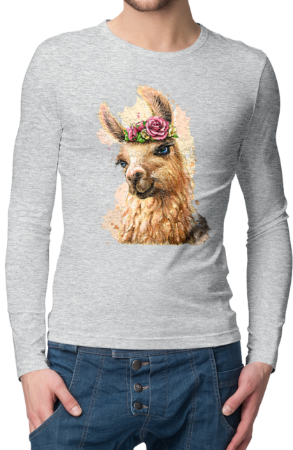 Men`s longsleeve with prints Lama Portrait. Animal, lama, portrait. 2070702