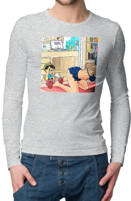 Чоловічий лонгслів з принтом "Буратіно У Дорослій Казці". Бетмен, буратіно, гола, поцілунок, прикол. 2070702