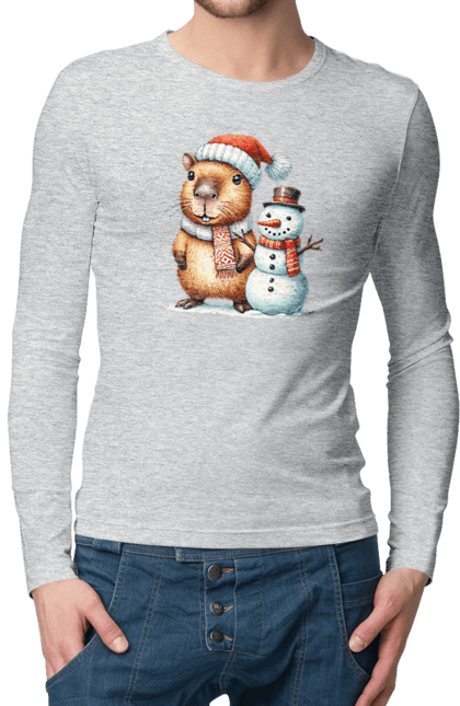 Men's longsleeve with prints Capybara and Snowman. Animal, capybara, christmas, christmas capybara, gift, holiday, new year, new year`s gift, santa, snowman. 2070702