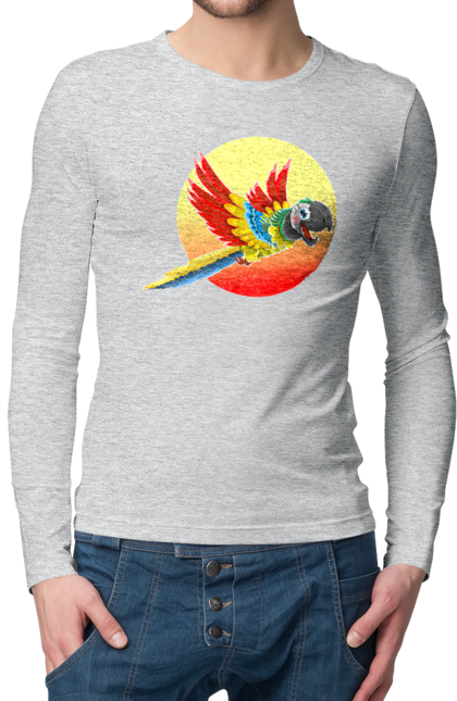 Чоловічий лонгслів з принтом "Папуга На Тлі Сонця". Ара, веселий, відпочинок, відпустка, диск, жарко, жовтий, коло, кольоровий, крила, літає, літо, папуга, папужка, пір`я, політ, помаранчевий, птах, різнокольоровий, сонце, сонячно, спека, тепло, тропіки, у польоті, червоний. 2070702