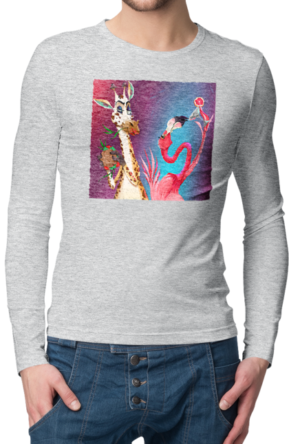 Men`s longsleeve with prints Giraffe And Flamingo At The Party. Cocktail, flamingo, food, giraffe. 2070702