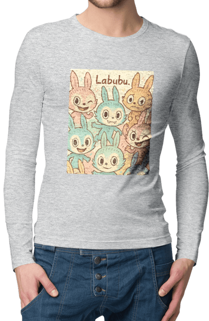 Чоловічий лонгслів з принтом "Лабубу". Безтурботно, грайливо, дизайнперсонажу, каваї, лабубу, милі мистецтво, ніжні відтінки, пастельніквіти, стиль мультфільму, чарівно. 2070702