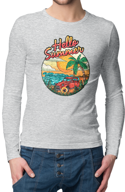 Men`s longsleeve with prints Hello Summer, Car By The Sea. Beach, island, palm, summer. 2070702