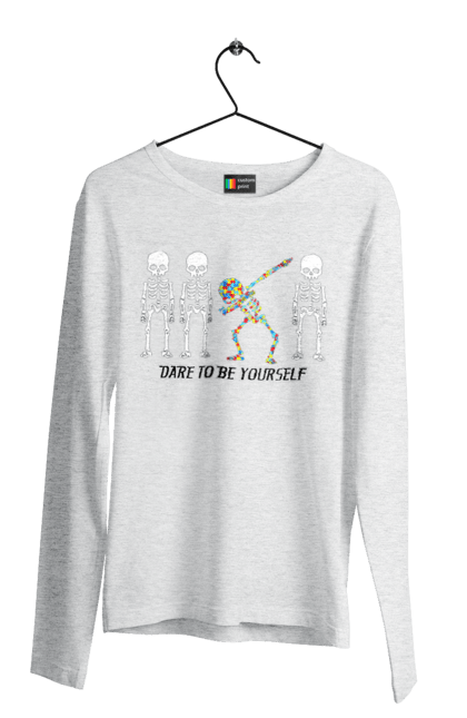 Men's longsleeve with prints Dare to be yourself. Be yourself, creativity, dancing skeleton, individuality, personality, self-expression, skeleton. 2070702