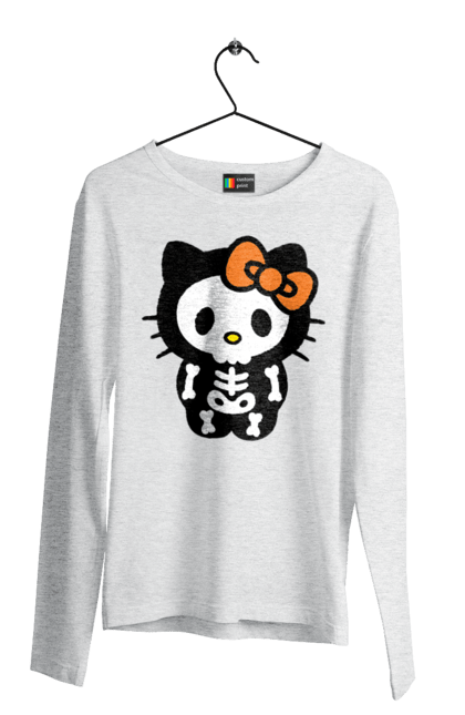 Мужской лонгслив с принтом Хелло Китти Хэллоуин. Halloween, hello kitty, zombie, бренд, зомби, котенок, персонаж, скелет, хелло китти, хэллоуин. 2070702