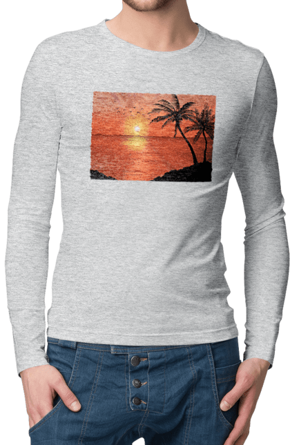 Men`s longsleeve with prints West Palm Sea. Palm trees, sea, shore. 2070702