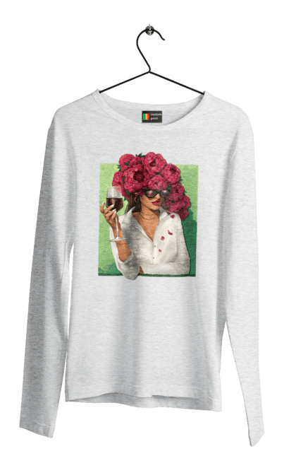 Men`s longsleeve with prints Girl with peonies and a glass. Flower, girl, glasses, goblet, peonies, shirt, summer, wine. 2070702