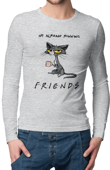 Men`s longsleeve with prints Friends, I`m running. Cat series, fall off, friend to himself, friends, go fuck yourself, i`m already running, loneliness bitch, parody series. 2070702