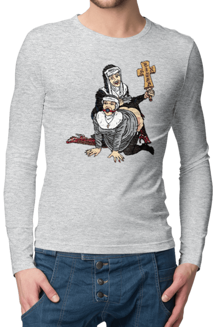 Чоловічий лонгслів з принтом "Монашки БДСМ". Бдсм, крута, модна, молодіжна, плескає по дупі, рок, рольові ігри, черниці бдсм, черницю, черниця. 2070702