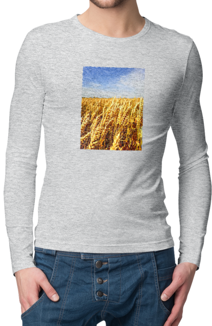 Чоловічий лонгслів з принтом "Україна". Голубизна, красота, небо, поле, природа, пшеница. 2070702