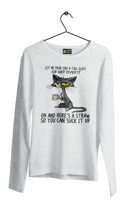 Men`s longsleeve with prints How to survive it?. Cat and mug, drink, everything is fine, go fuck yourself, large glass, meditation, pour, suck. 2070702