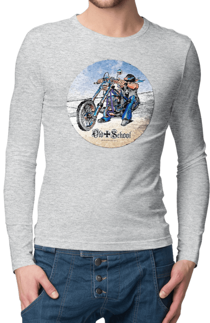 Мужской лонгслив с принтом Old school. Авто мото, испольнители, мотоцикл, музыкальная группа, рок группа, старая закалка. 2070702