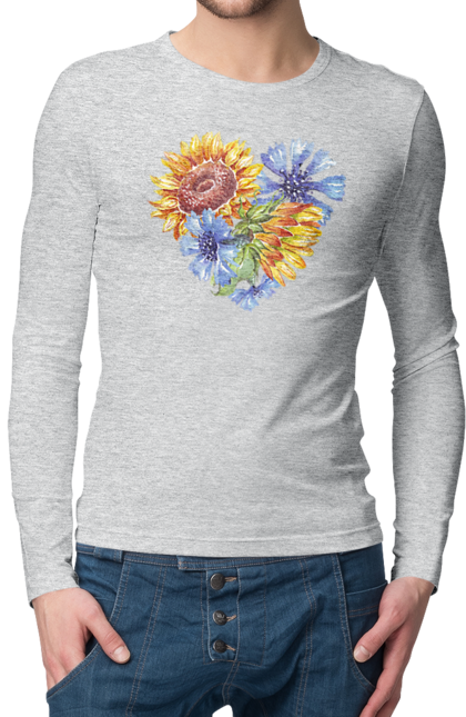 Чоловічий лонгслів з принтом "Серце соняшники та фіалки". Квіти, люблю україну, любов, серце, соняшник, україна, фіалки. 2070702