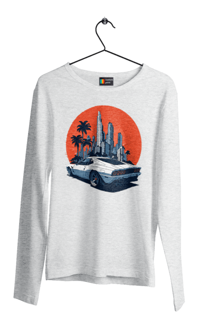 Чоловічий лонгслів з принтом "Авто". Гонка, захід сонця, спортивний автомобіль, швидкість. 2070702