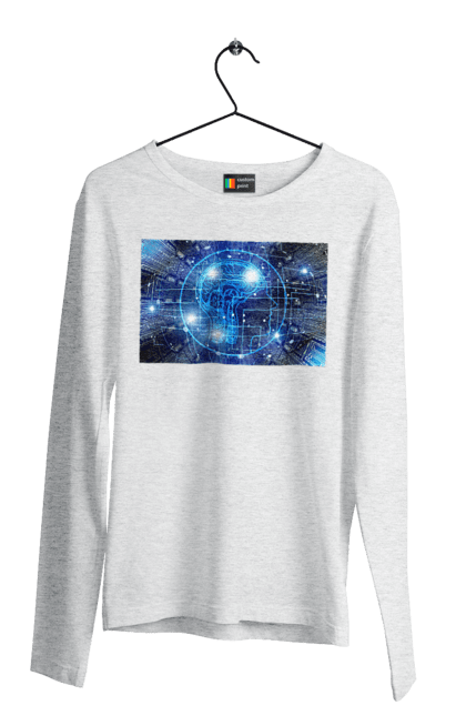 Чоловічий лонгслів з принтом "Штучний інтелект". Айті, айтішник, гік, знання, інженер, інтелект, кібер, кібернетика, кіборг, код, комп, комп`ютерник, кристал, машинне навчання, мікросхема, мозок, портрет, програміст, професіонал, професія, розробник, розум, хакер, чіп, штучний інтелект, штучний розум. 2070702