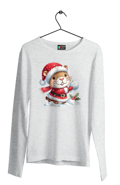 Men's longsleeve with prints Capybara playing snowballs. Animal, capybara, christmas, christmas capybara, game, gift, holiday, new year, santa, snowballs. 2070702