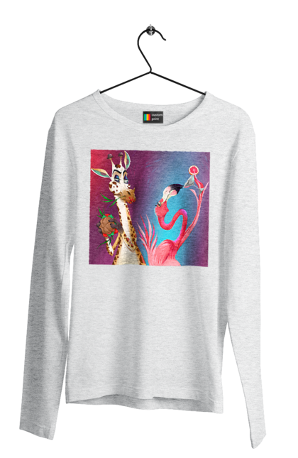 Men`s longsleeve with prints Giraffe And Flamingo At The Party. Cocktail, flamingo, food, giraffe. 2070702
