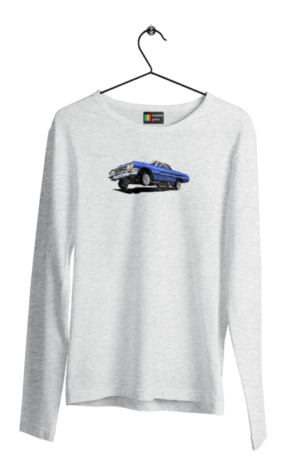 Чоловічий лонгслів з принтом "Автомобіль". Автомобіль, імпала, класика, лоурайдер, синій, шевроле. 2070702